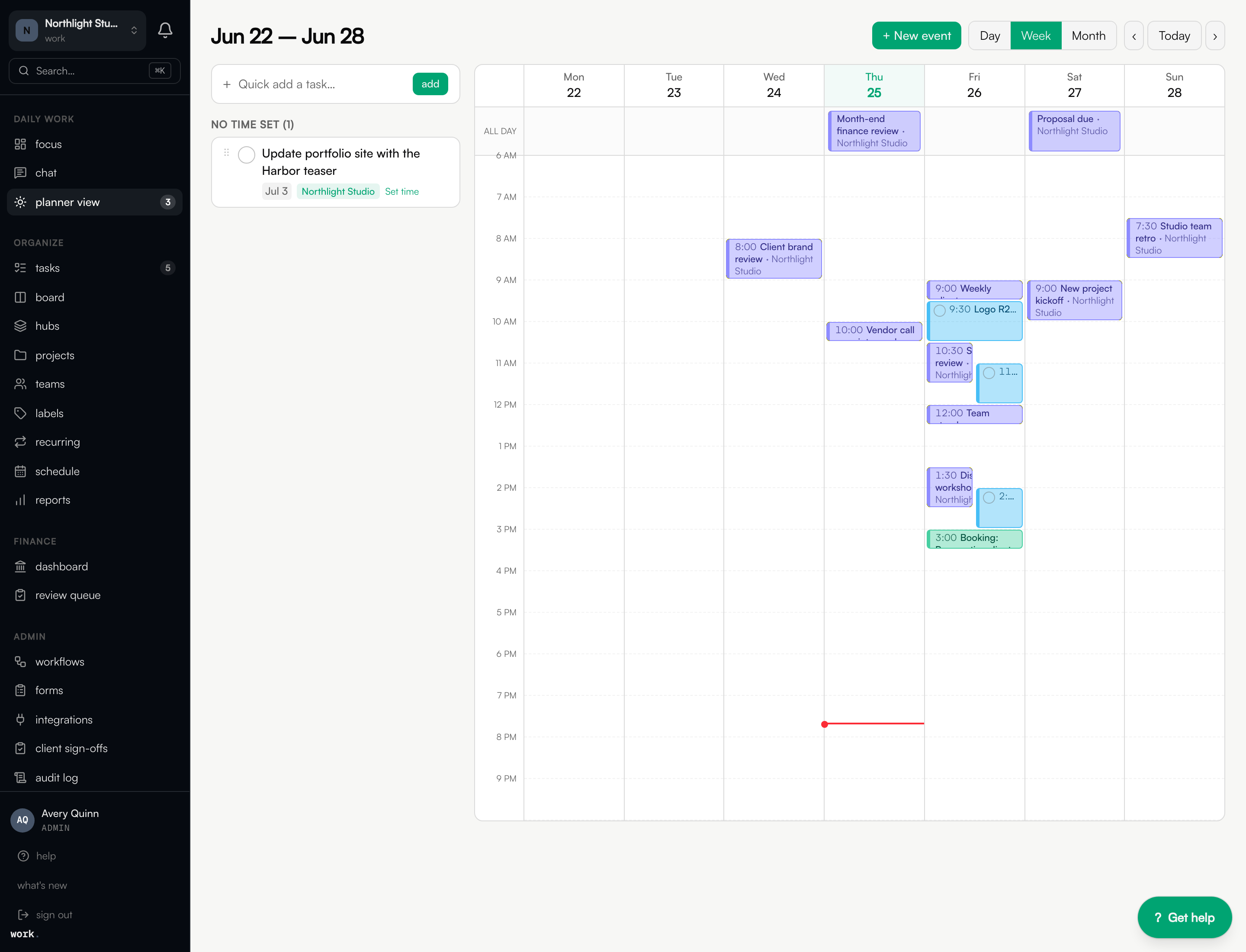 The weekly planner view fusing calendar, bookings, tasks and bills