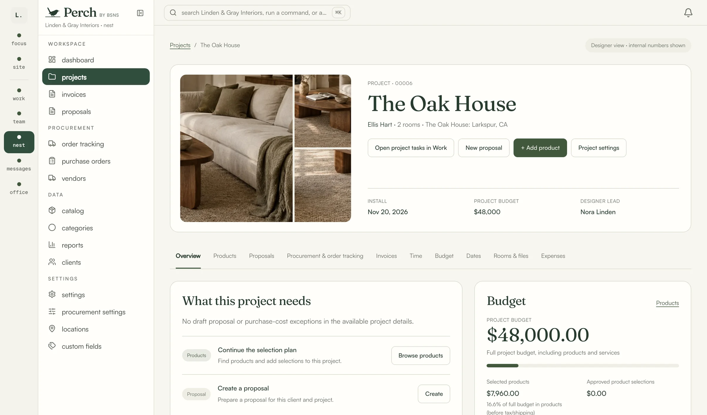 A project page in Perch for a sample project, The Oak House: client, install date, budget and designer lead, with the budget broken down beside what the project needs next.