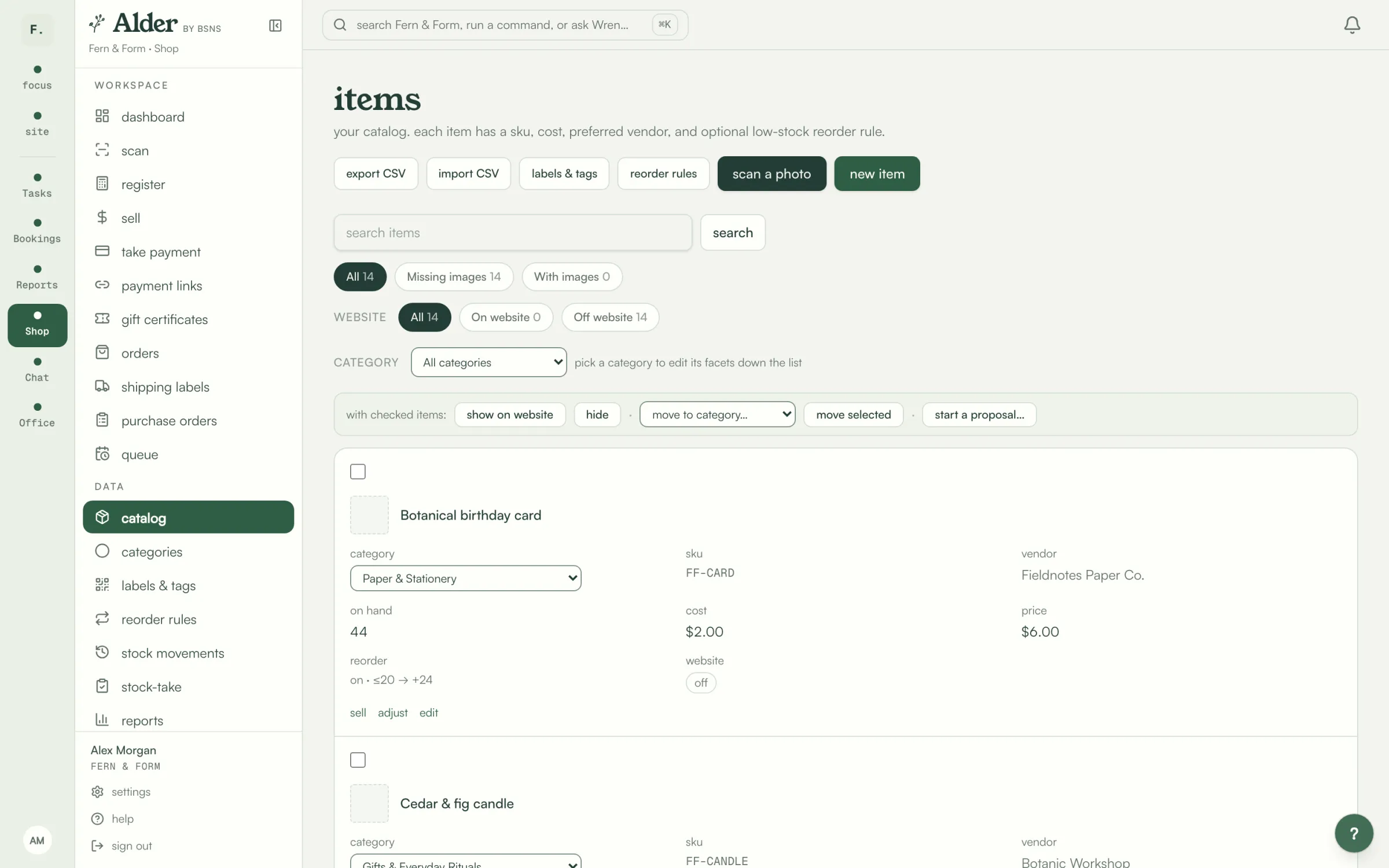 Fern & Form’s catalog in Alder, with each item’s category, stock, cost, price and vendor