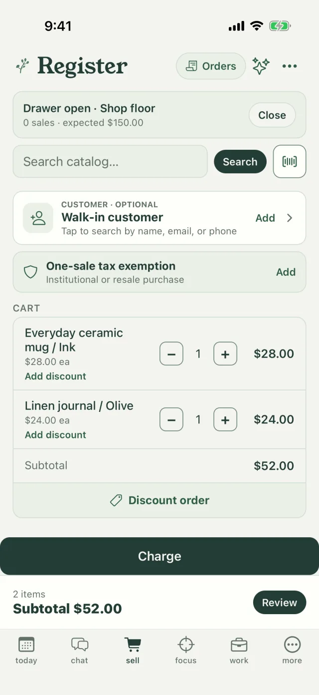 The Alder iPhone app’s register, with the cash drawer open and two items in the cart