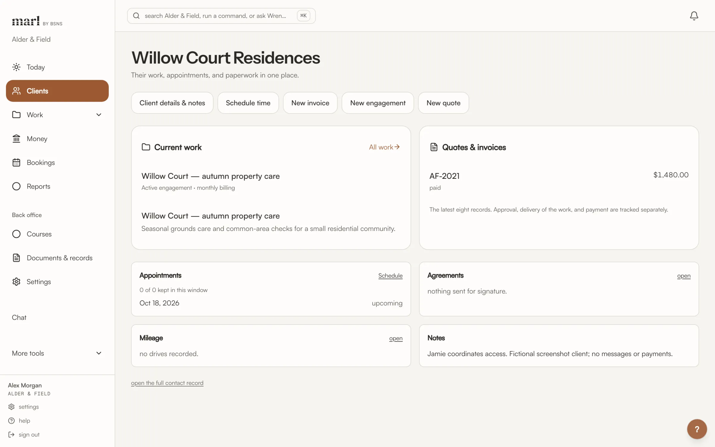The Willow Court Residences client page in marl: current work, quotes and invoices, appointments, agreements and notes