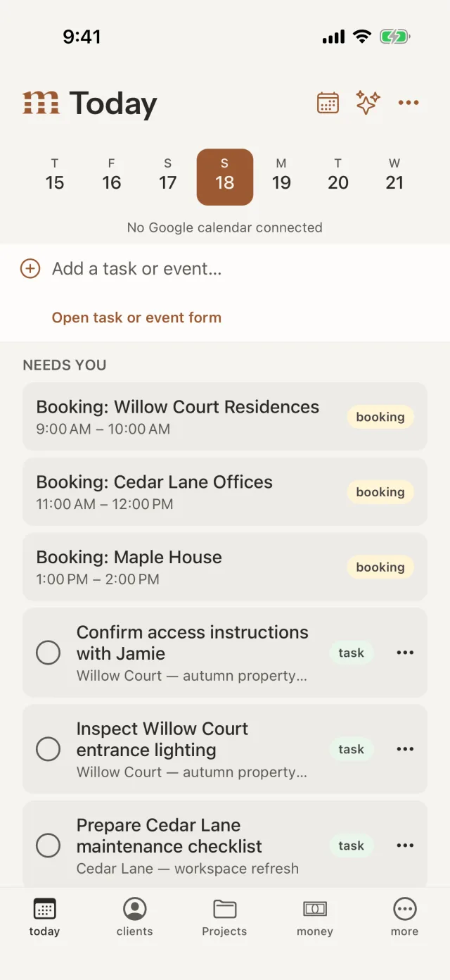 The marl iPhone app’s Today screen, with Alder & Field’s bookings and tasks for the day
