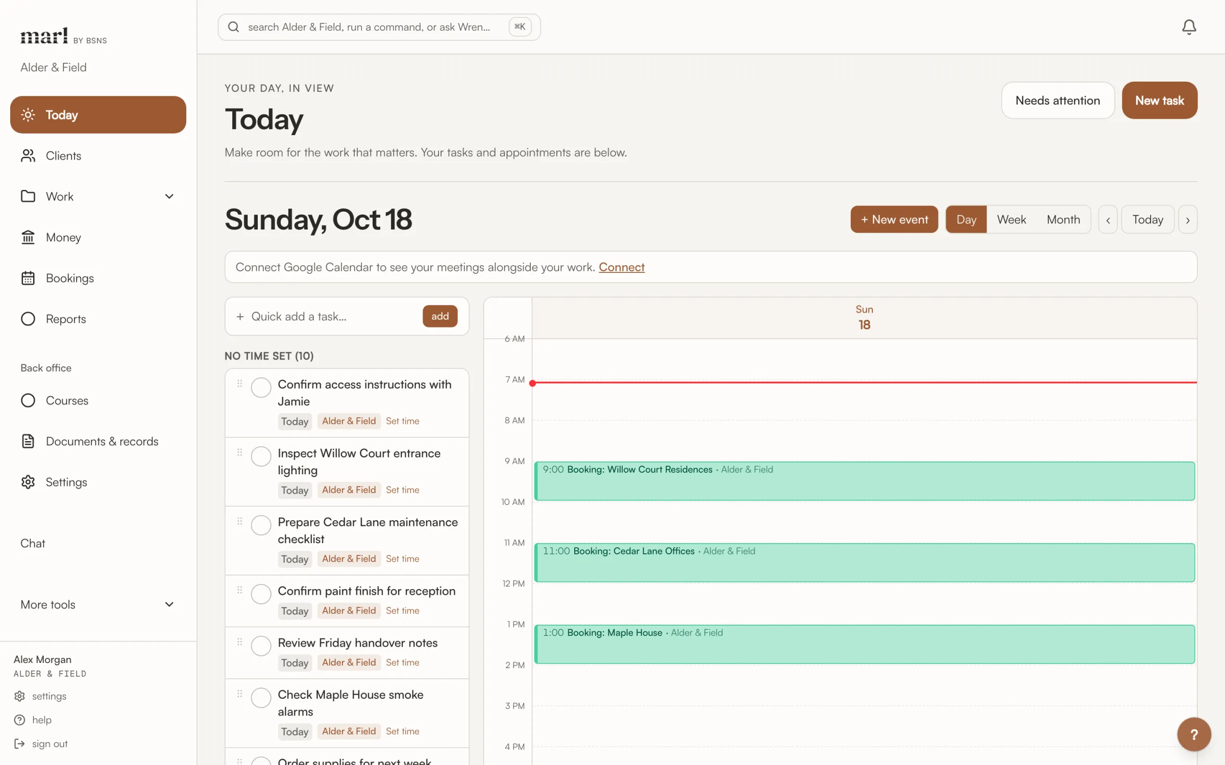 marl Today on web, with Alder & Field’s tasks beside three appointments on the day’s calendar