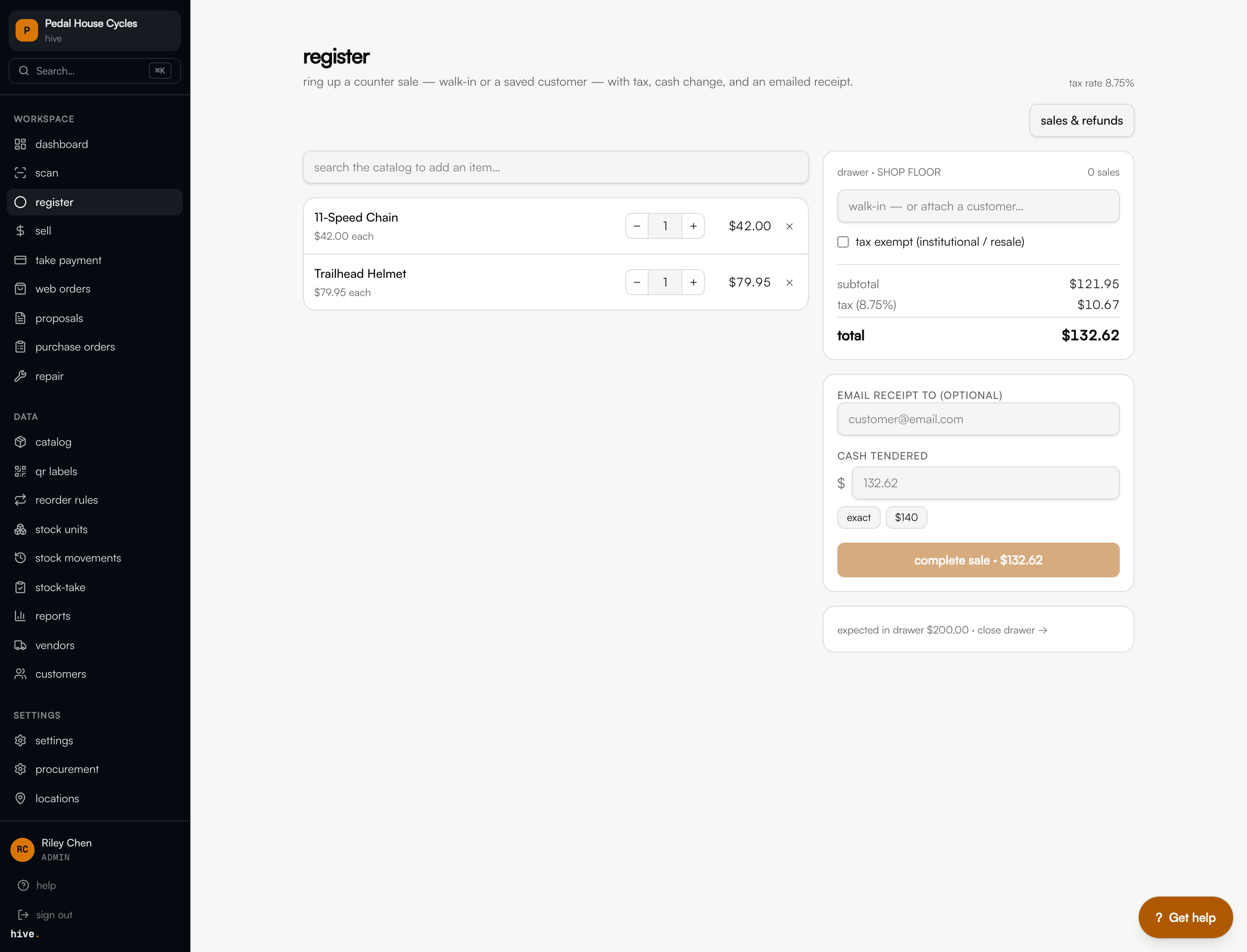 The hive register ringing up a sale with running subtotal, tax, and total